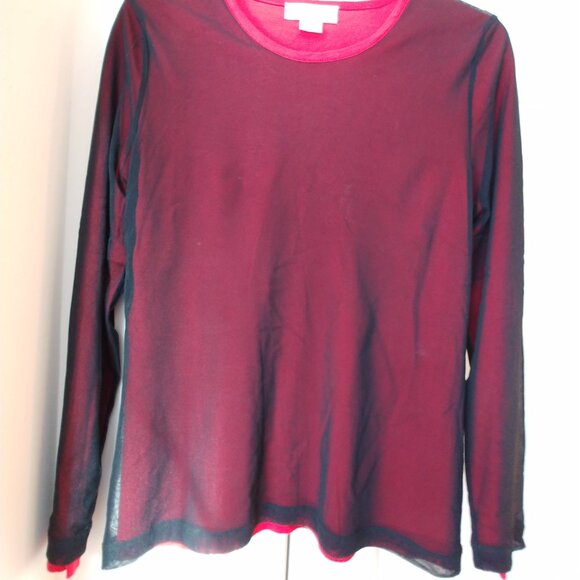🔴 Calvin Klein Petites sz PM Double Layered Red Black Mesh Top Blouse Stretch - Picture 13 of 16